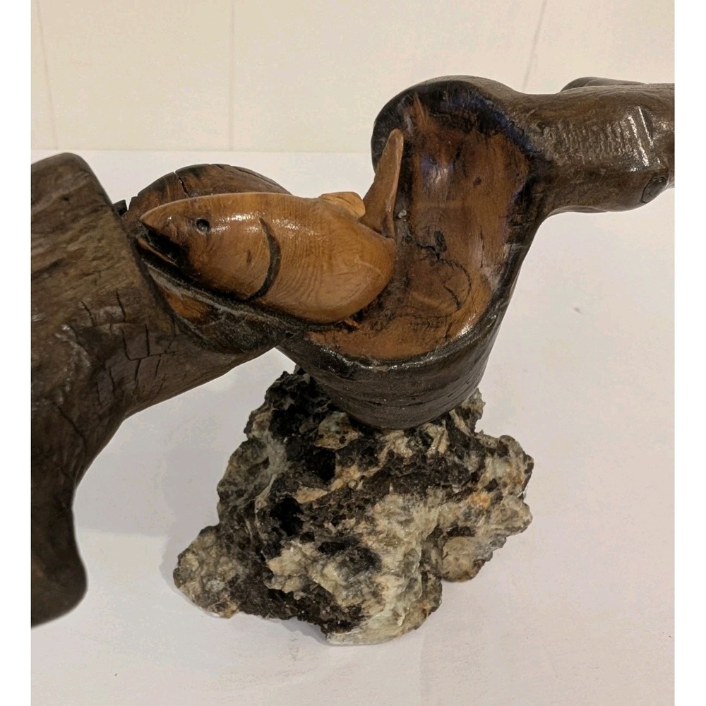 VTG  Hand Carved Alaskan Wooden Salmon on Rustic Quartz Base Cabin Decor Signed